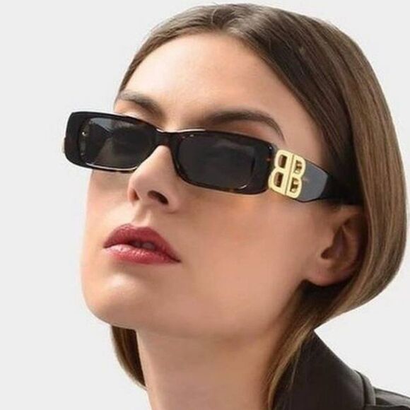 NEW Balenciaga BB0096S 002 Havana Gold Logo Green Rectangle Unisex Sunglasses - Picture 1 of 13